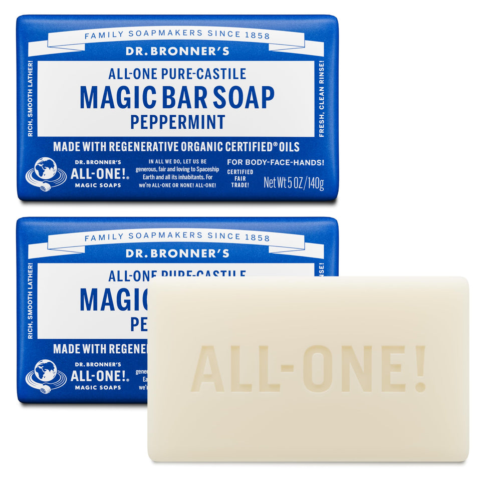Dr. Bronner's peppermint bar front packaging showing brand and scent, refreshing clean