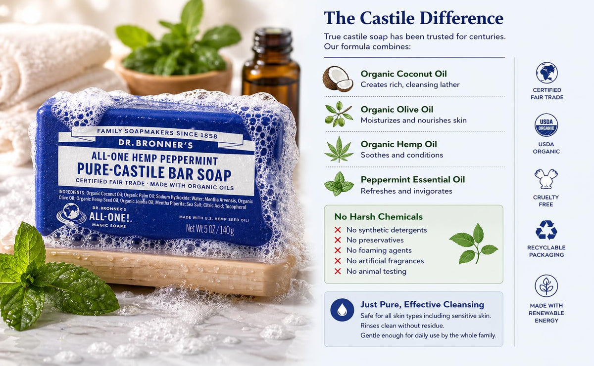 Dr. Bronner's label close-up highlighting ingredients and fair-trade details