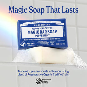 Dr. Bronner's peppermint bar unwrapped top view highlighting creamy lather benefit