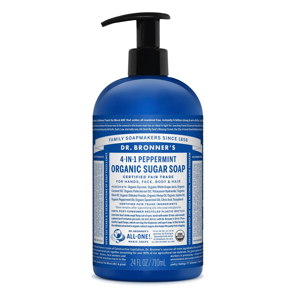 Dr. Bronner's peppermint front bottle showing label and size benefit