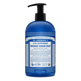 Dr. Bronner's peppermint front bottle showing label and size benefit