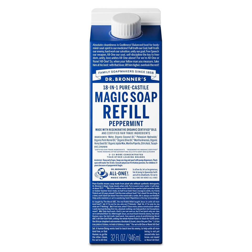 Dr. Bronner's peppermint front carton showing product and refill benefit