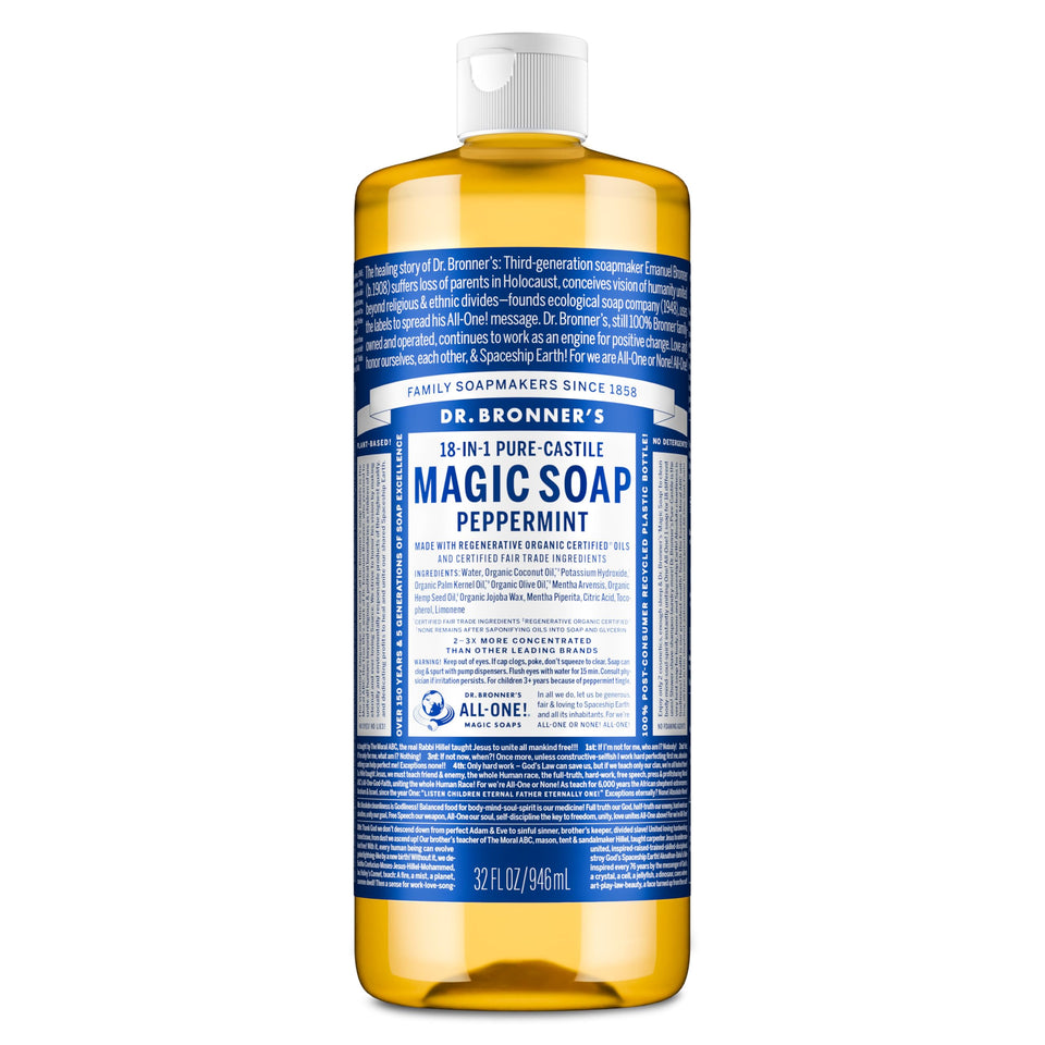Dr. Bronner's peppermint bottle front view showing label and size benefit
