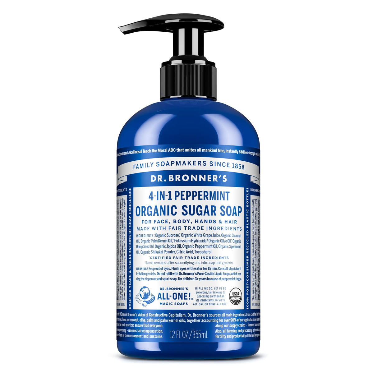 Dr. Bronner's peppermint sugar soap front label showing organic benefits