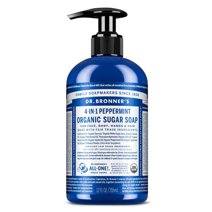Dr. Bronner's peppermint sugar soap front label showing organic benefits