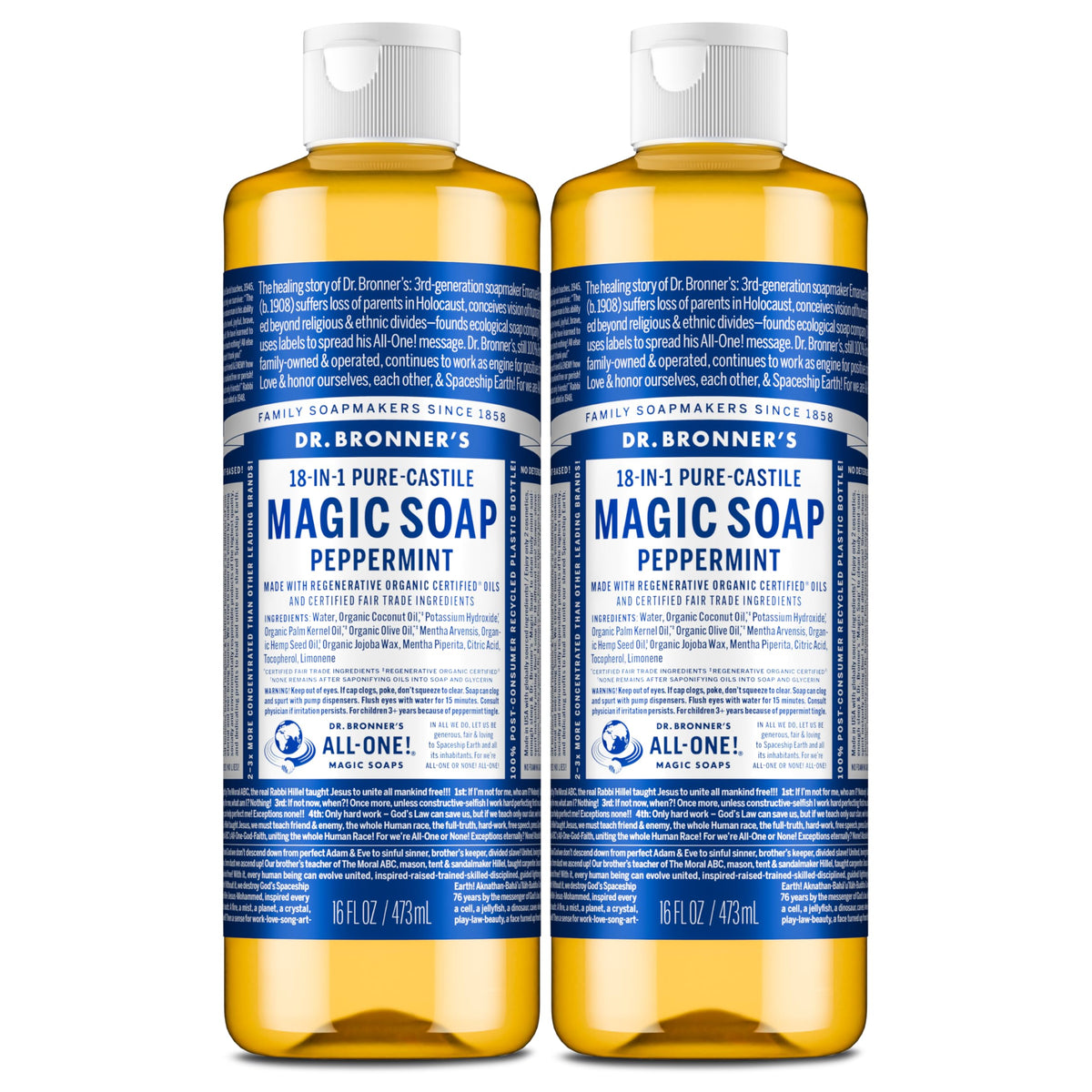 Dr. Bronner's peppermint bottle front packaging showing product and scent benefits