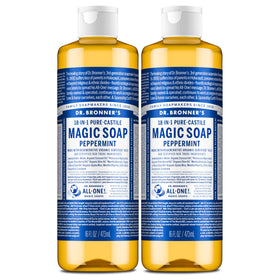 Dr. Bronner's peppermint bottle front packaging showing product and scent benefits