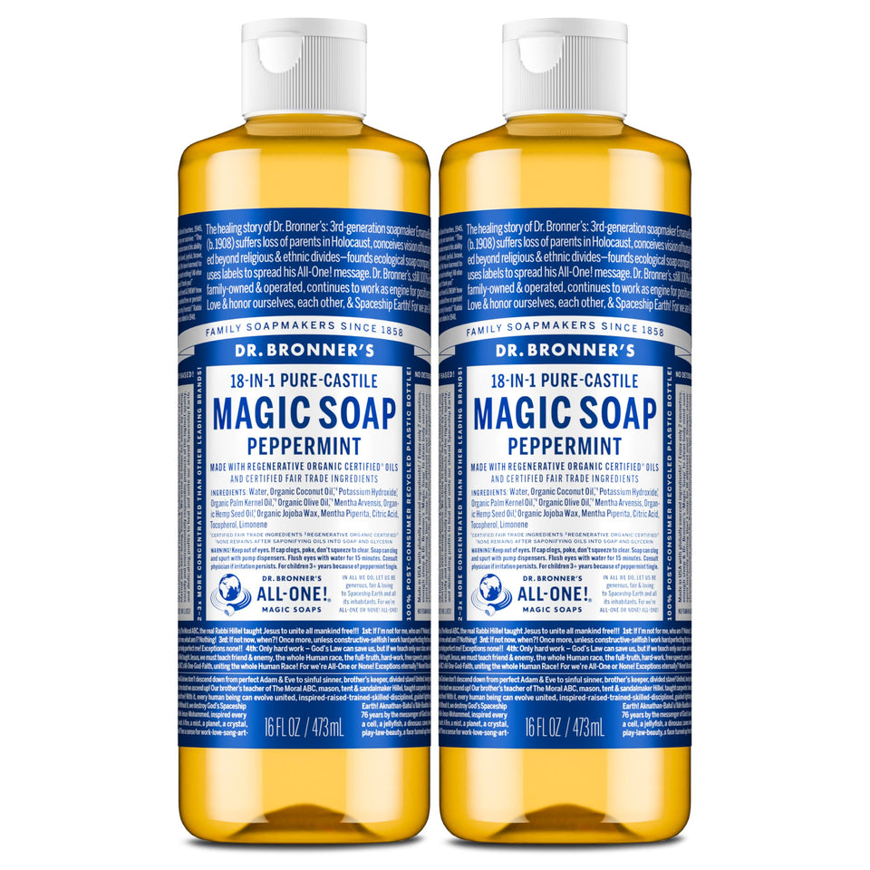 Dr. Bronner's peppermint bottle front packaging showing product and scent benefits