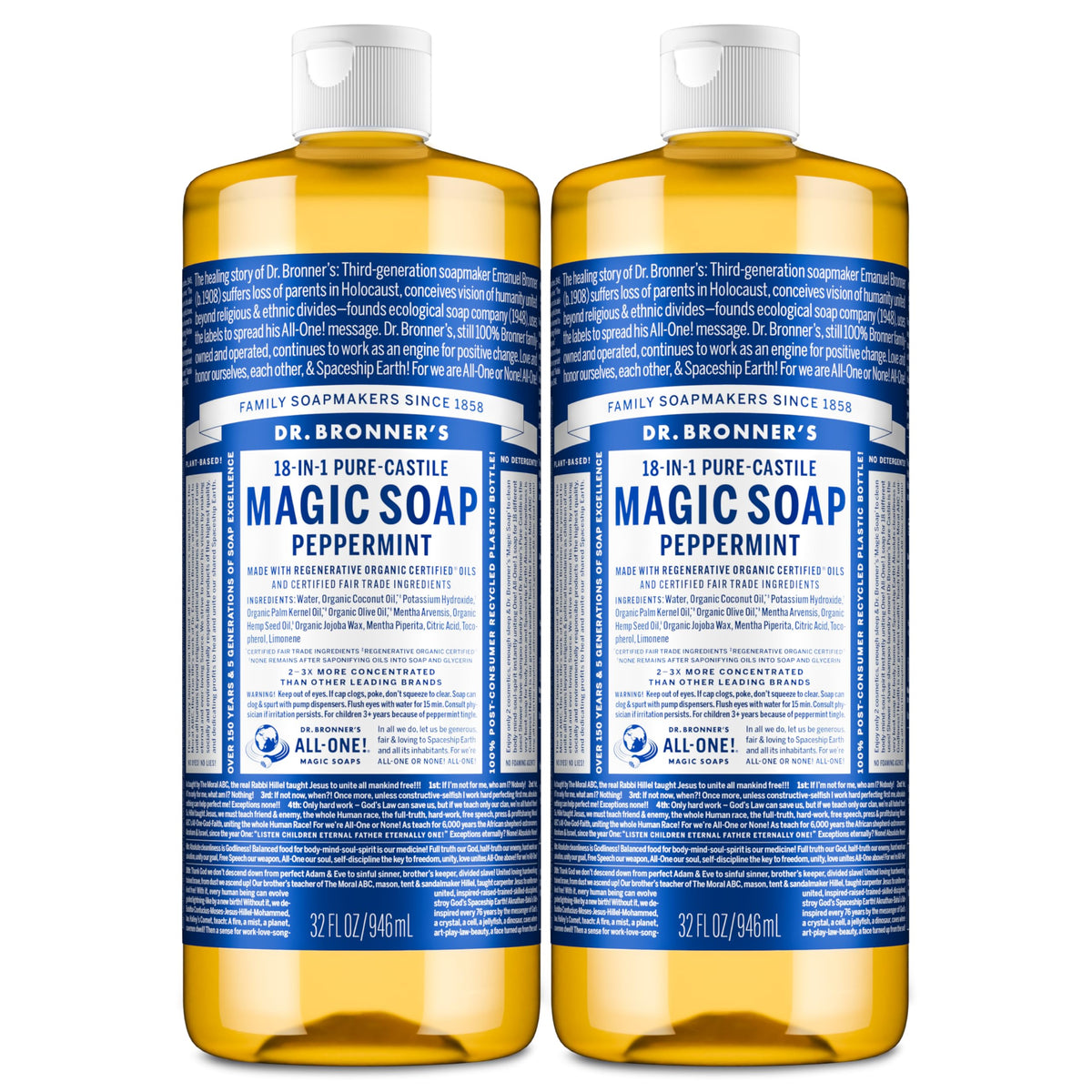 Dr. Bronner's peppermint bottle front view showing clear label and scent benefit