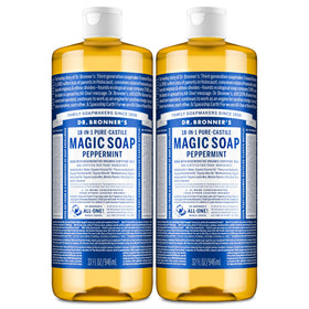 Dr. Bronner's peppermint bottle front view showing clear label and scent benefit