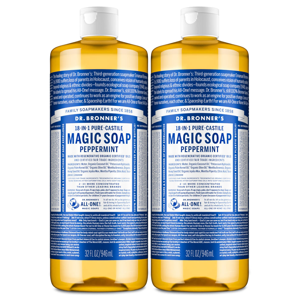 Dr. Bronner's peppermint bottle front view showing clear label and scent benefit