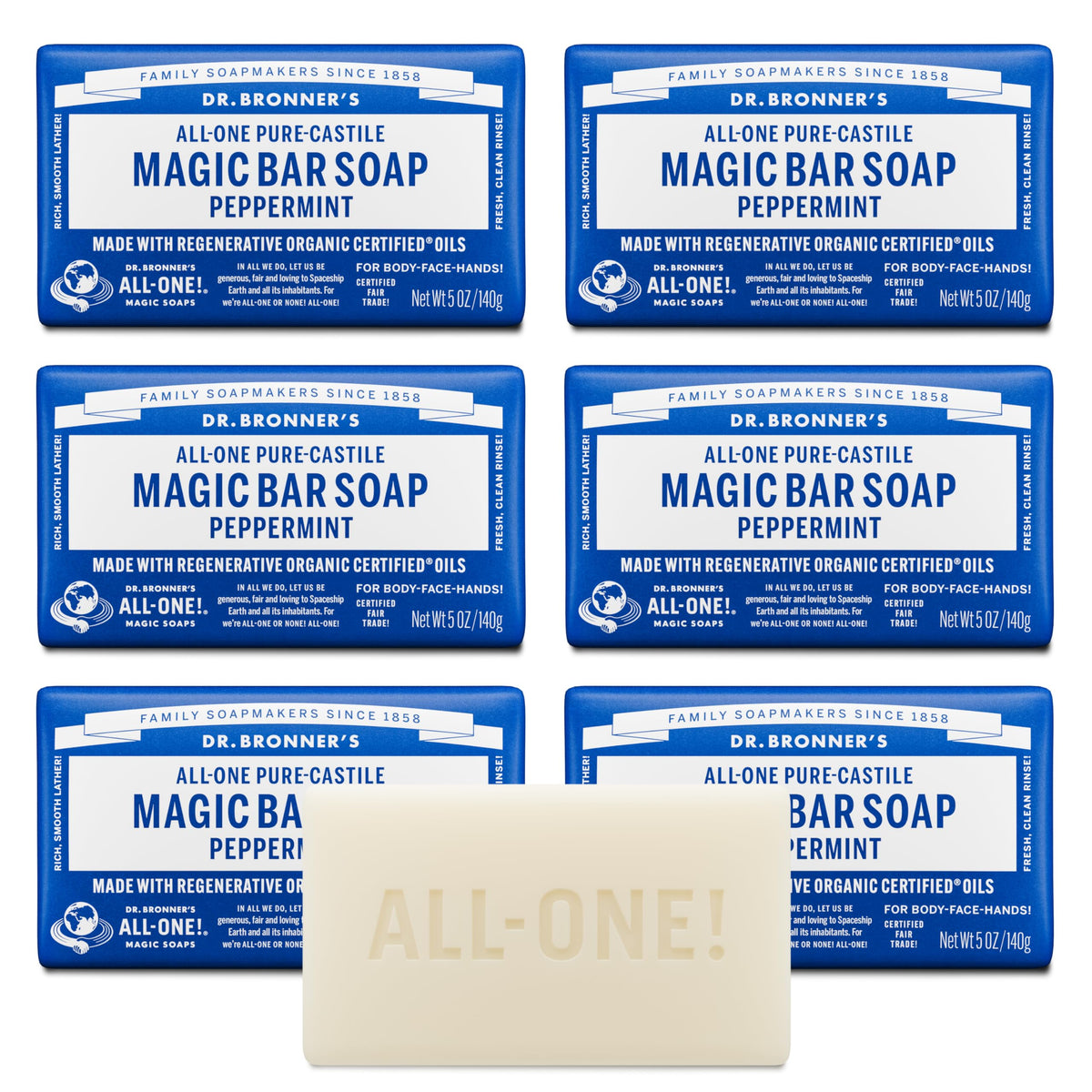 Dr. Bronner's front packaging showing peppermint bar and benefits