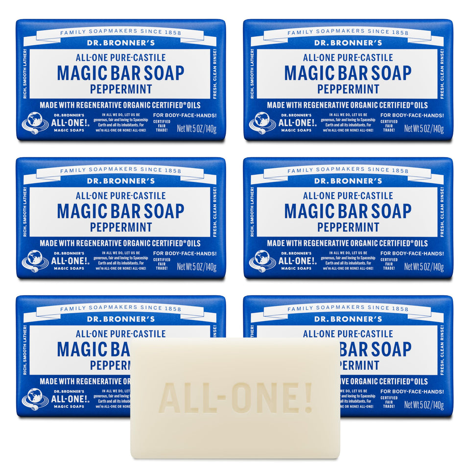 Dr. Bronner's front packaging showing peppermint bar and benefits
