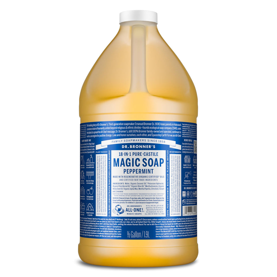 Dr. Bronner's peppermint bottle front view showing label and large 64 oz size benefit