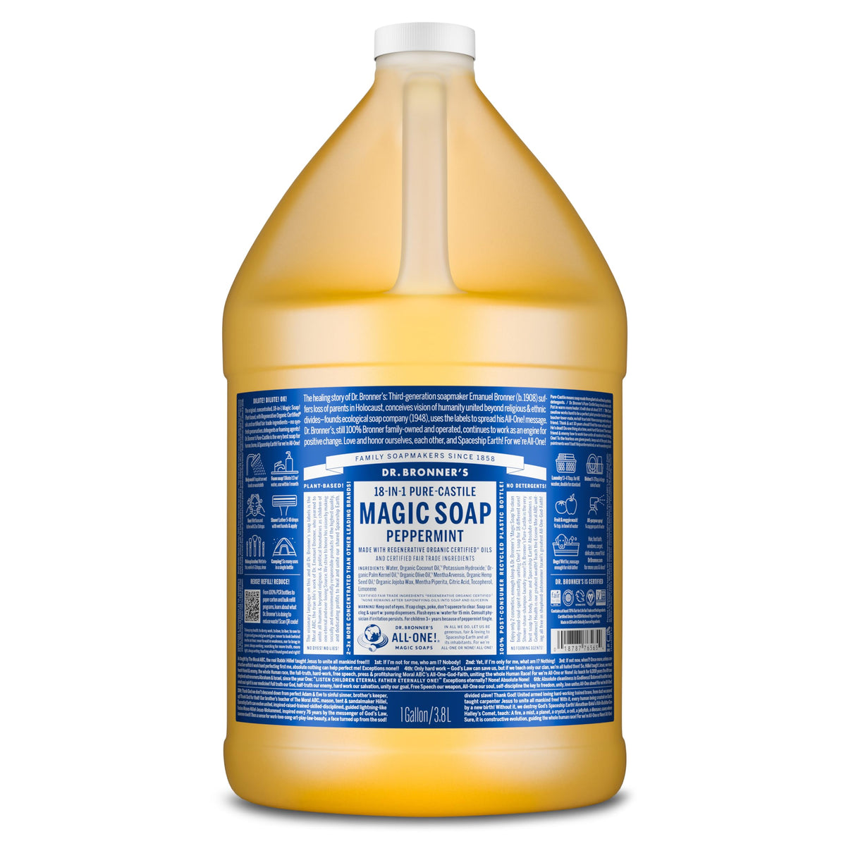 Dr. Bronner's peppermint gallon front label showing product benefits and scent