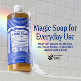 Close-up of Dr. Bronner's label highlighting organic and fair-trade ingredients benefit