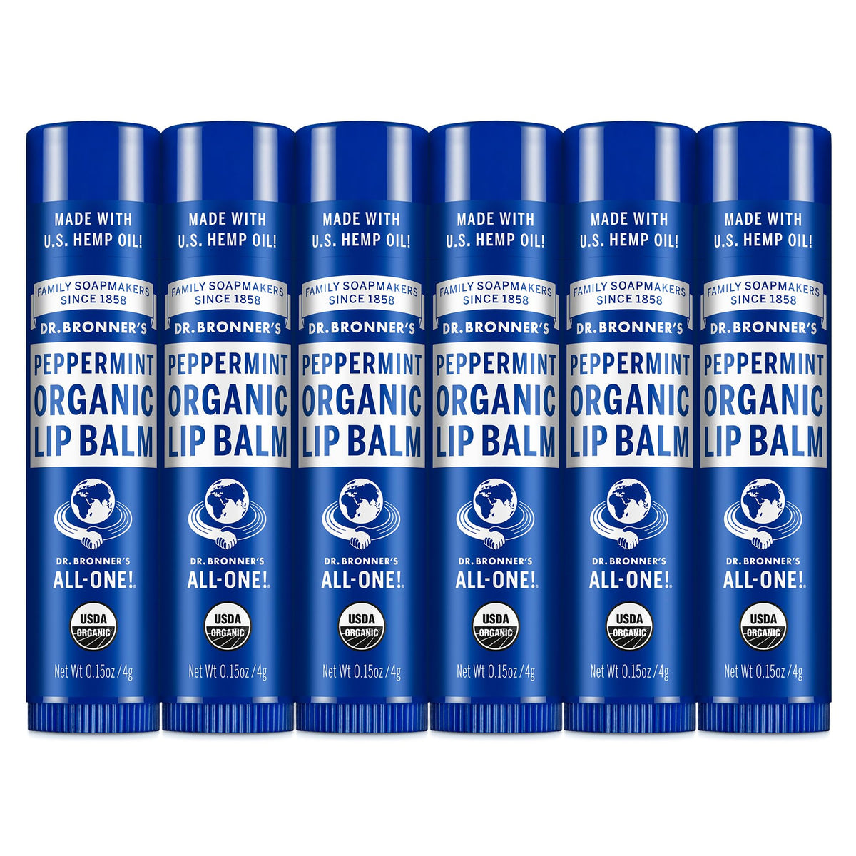 Dr. Bronner's front packaging showing peppermint lip balm and organic claims benefits hydration