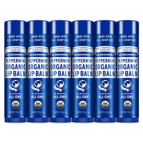 Dr. Bronner's front packaging showing peppermint lip balm and organic claims benefits hydration