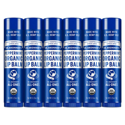 Dr. Bronner's front packaging showing peppermint lip balm and organic claims benefits hydration