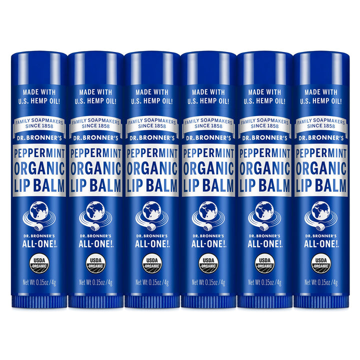 Dr. Bronner's front packaging showing peppermint lip balm and organic claims benefits hydration