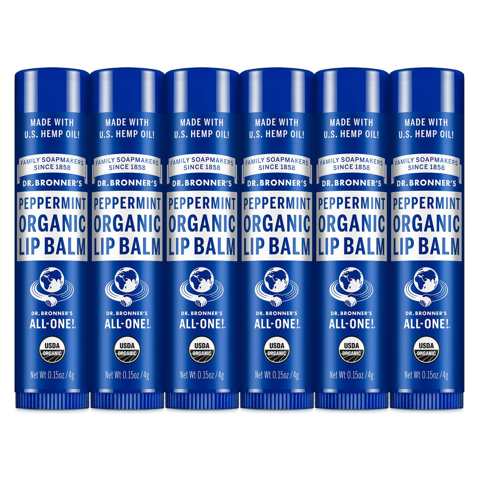 Dr. Bronner's front packaging showing peppermint lip balm and organic claims benefits hydration