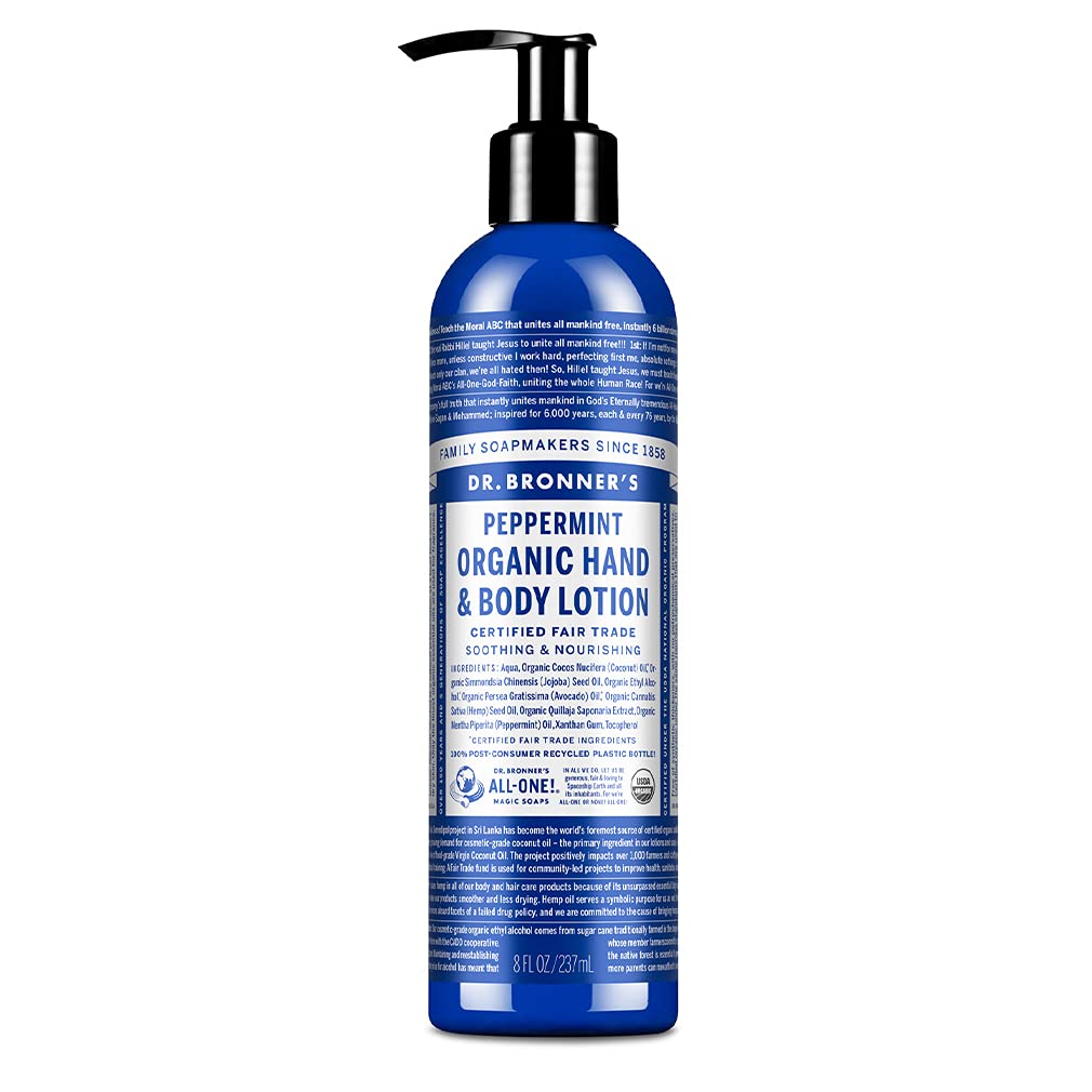 Dr. Bronner's front packaging showing 8 oz bottle and peppermint benefit