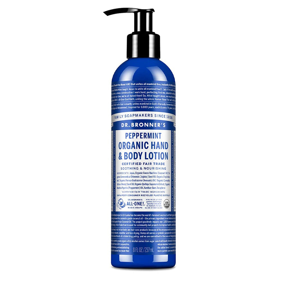 Dr. Bronner's front packaging showing 8 oz bottle and peppermint benefit