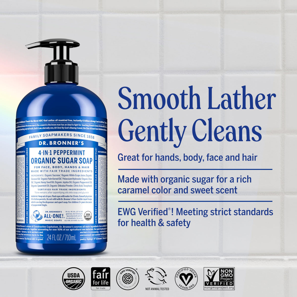 Dr. Bronner's being poured to create rich lather for efficient cleansing