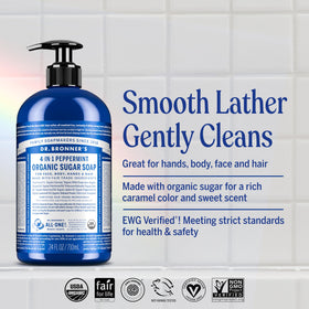 Dr. Bronner's pouring sugar soap to show rich lather and easy dilution