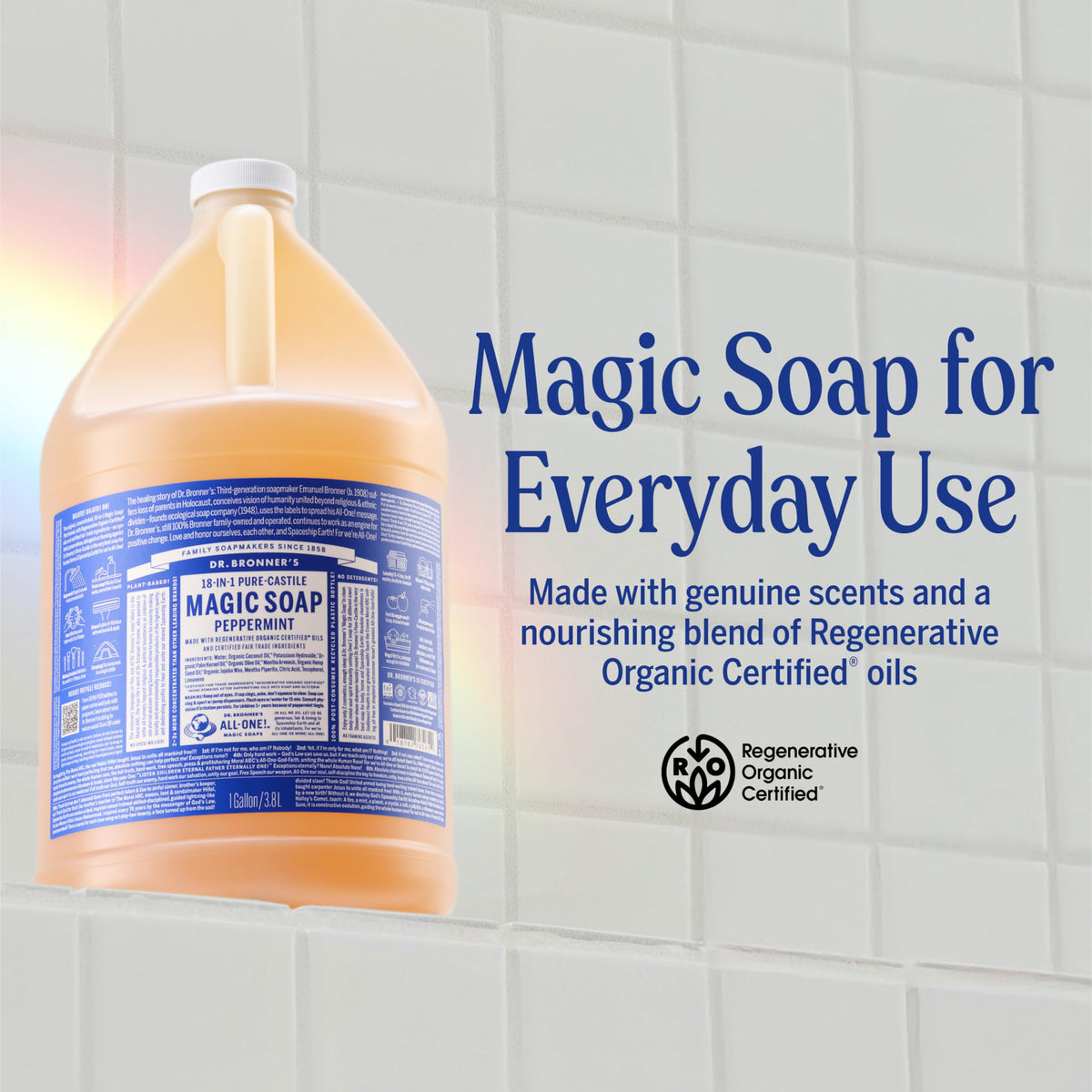 Dr. Bronner's peppermint jug pour spout detail for easy dilution and refill