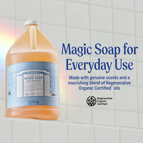 Dr. Bronner's soap being poured creating rich foam for effective gentle cleaning