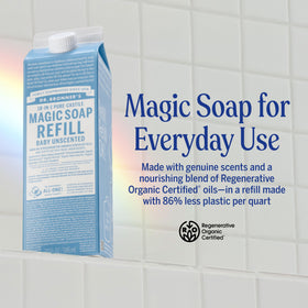 Dr. Bronner's pour spout close-up on refill carton showing easy transfer benefit
