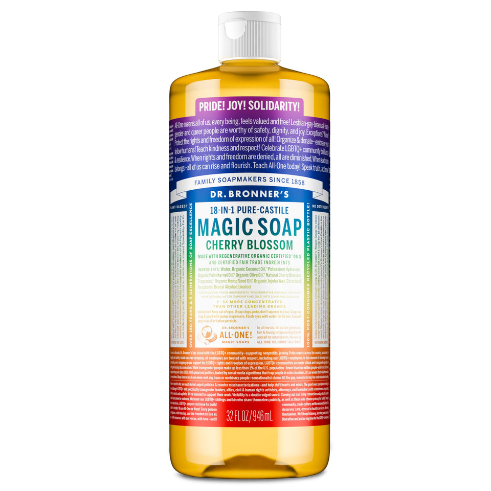 Dr. Bronner's front packaging showing Pride label and cherry blossom scent benefit: supports community