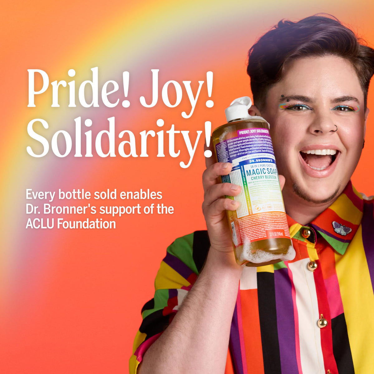 Dr. Bronner's label detail featuring Pride artwork and message promoting solidarity
