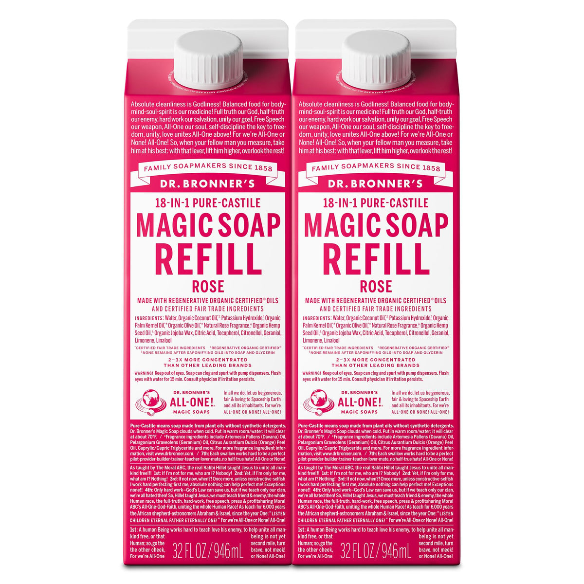 Dr. Bronner's rose refill front packaging showing size and scent benefits