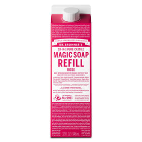 Dr. Bronner's front carton showing rose refill and eco packaging benefit