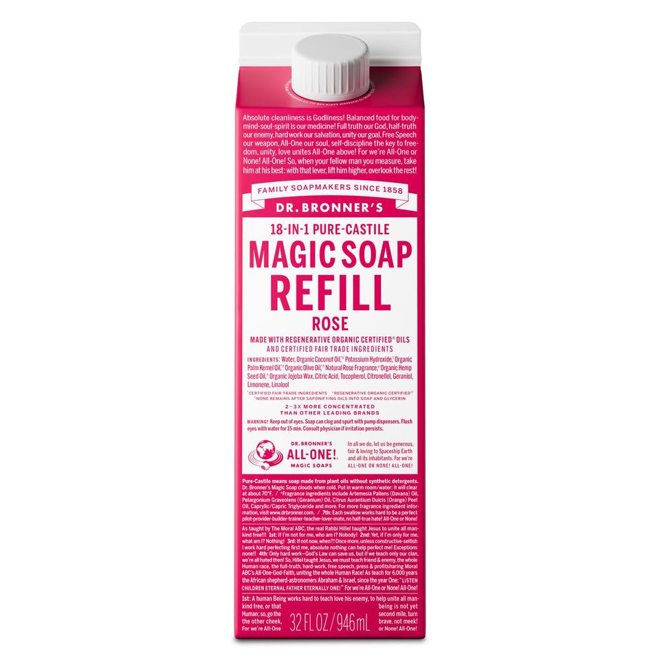 Dr. Bronner's front carton showing rose refill and eco packaging benefit