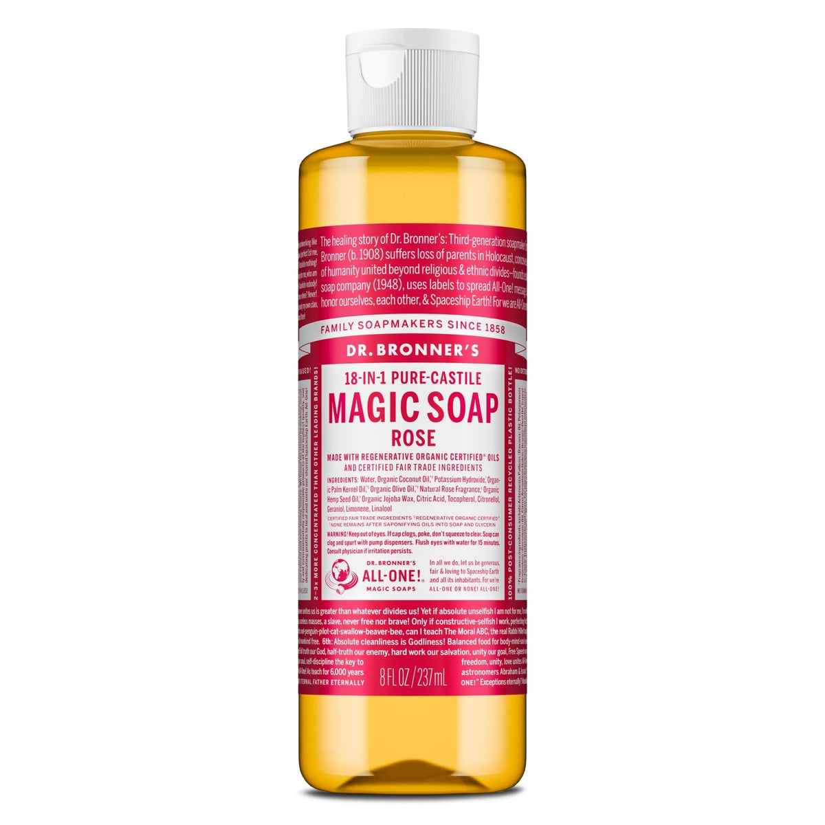 Dr. Bronner's front label showing rose soap and product benefits