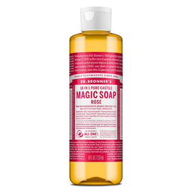 Dr. Bronner's front label showing rose soap and product benefits