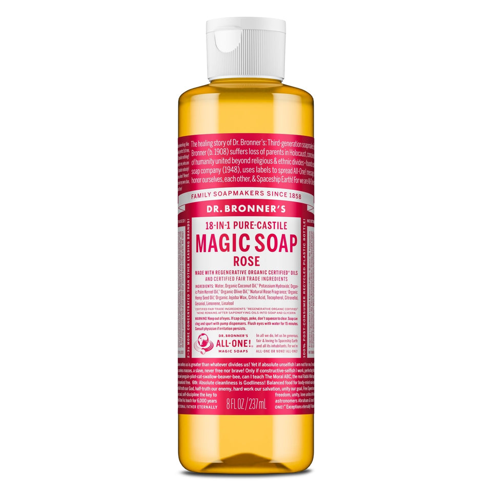 Dr. Bronner's front label showing rose soap and product benefits