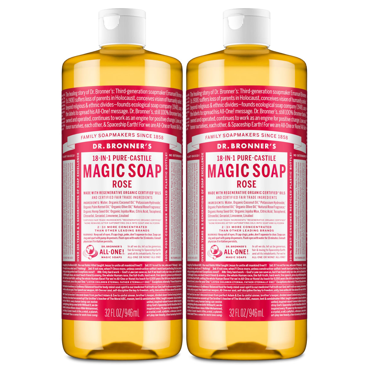 Dr. Bronner's front packaging showing two rose soap bottles and savings