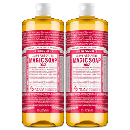 Dr. Bronner's front packaging showing two rose soap bottles and savings