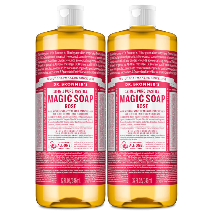 Dr. Bronner's front packaging showing two rose soap bottles and savings