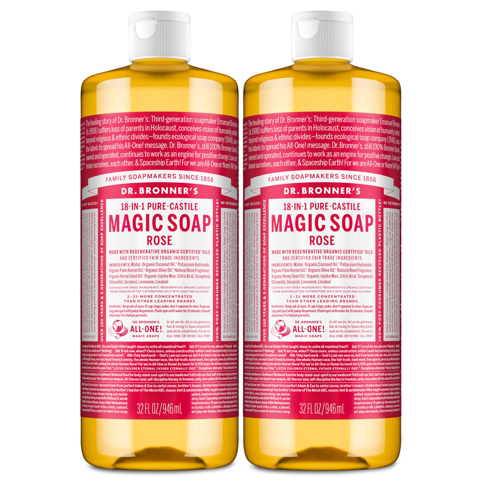 Dr. Bronner's front packaging showing two rose soap bottles and savings