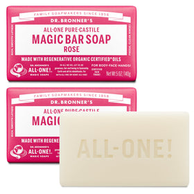 Dr. Bronner's front packaging showing two rose soap bars and recycled wrapper benefit