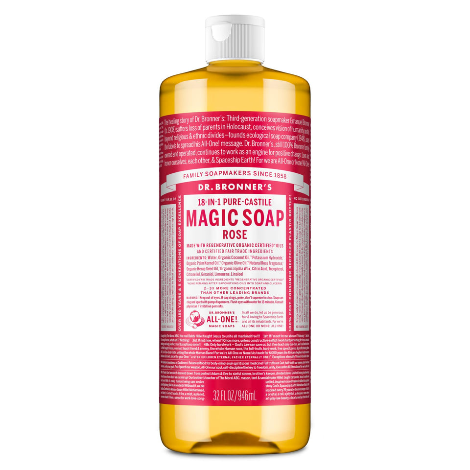 Dr. Bronner's front packaging showing rose soap and benefits