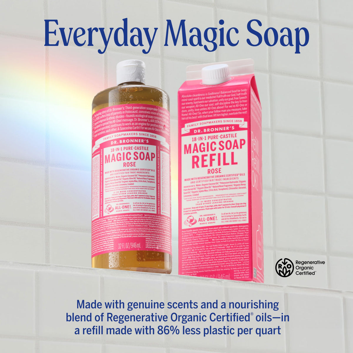 Dr. Bronner's pouring soap being diluted to show concentrated usage benefit