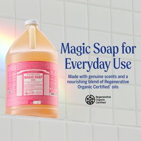 Dr. Bronner's pump dispensing rose liquid soap for controlled use