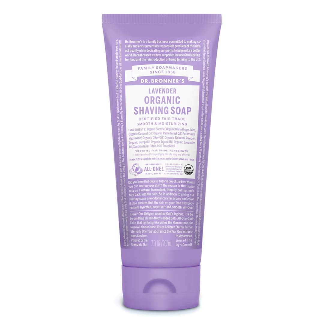 Dr. Bronner's shaving soap opened with creamy lather close-up for smooth glide