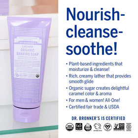 Dr. Bronner's shaving soap thick foam on brush demonstrating cushion and slip